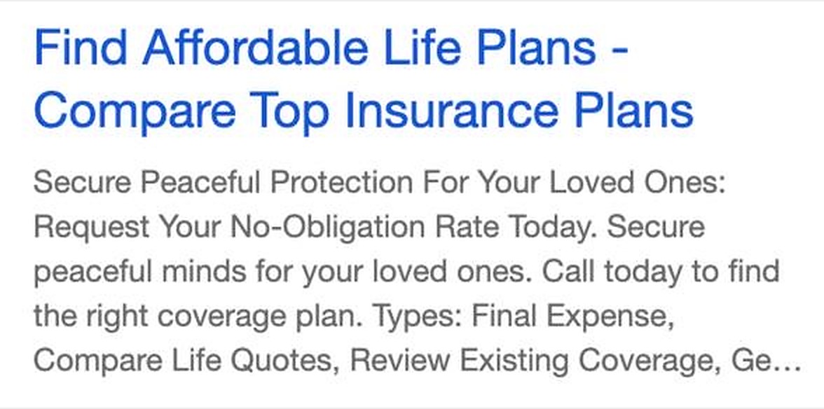 English search-result ad reading Find Affordable Life Plans - Compare Top Insurance Plans, inviting consumers to request a no-obligation rate and call to find the right coverage plan.