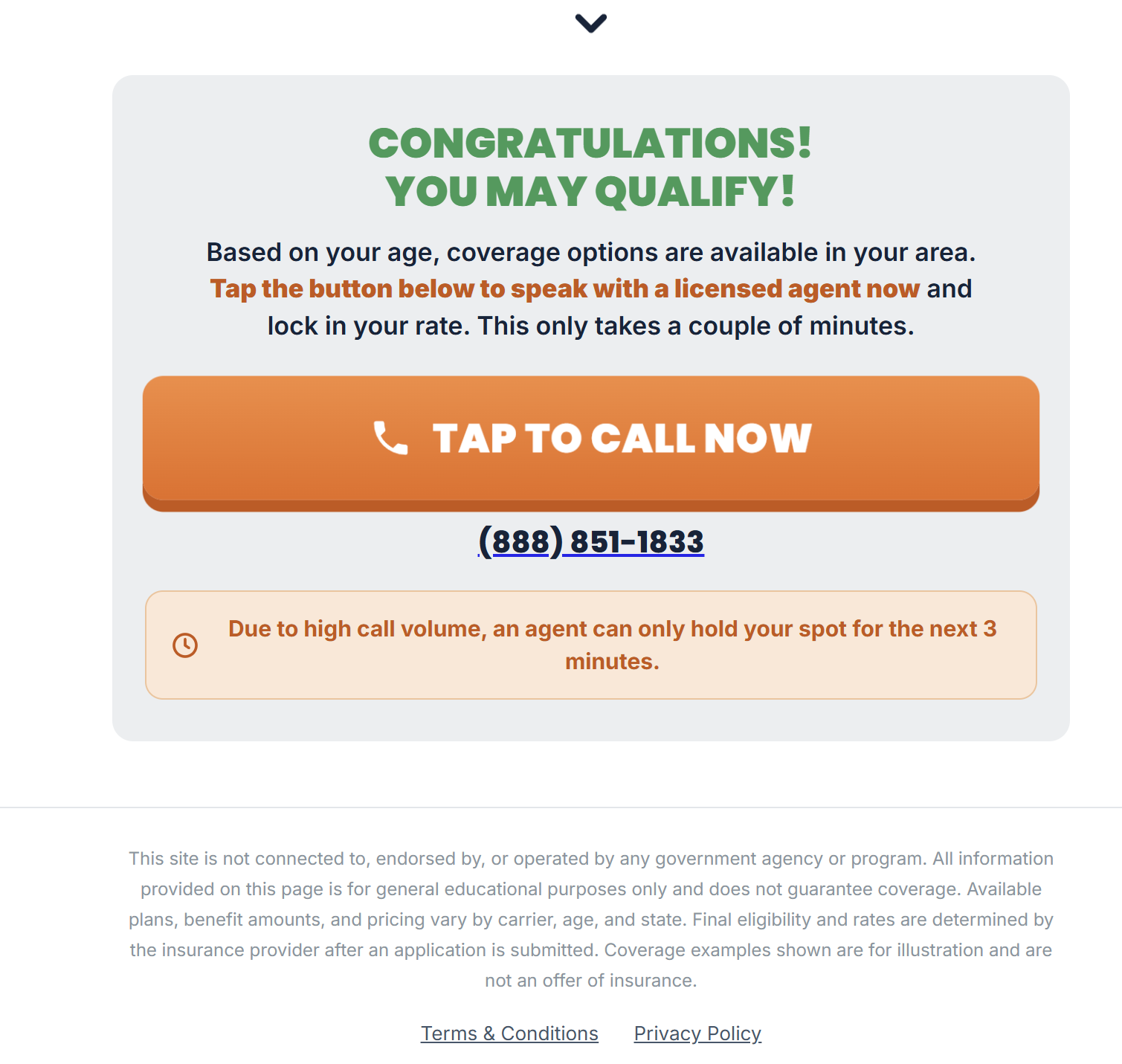 Final expense landing page call-to-action section showing congratulations messaging and tap to call now button
