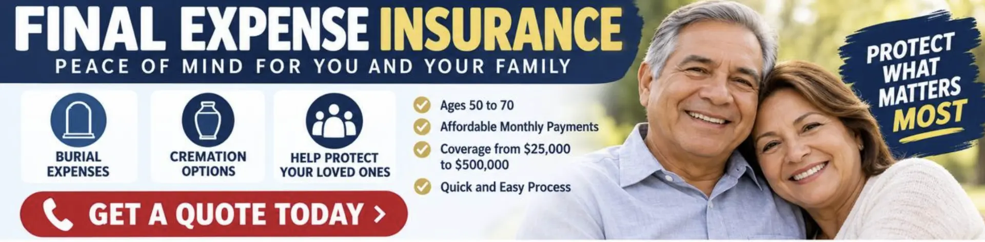 Final expense banner ad showing a smiling senior Hispanic couple with coverage details and a Get a Quote Today button