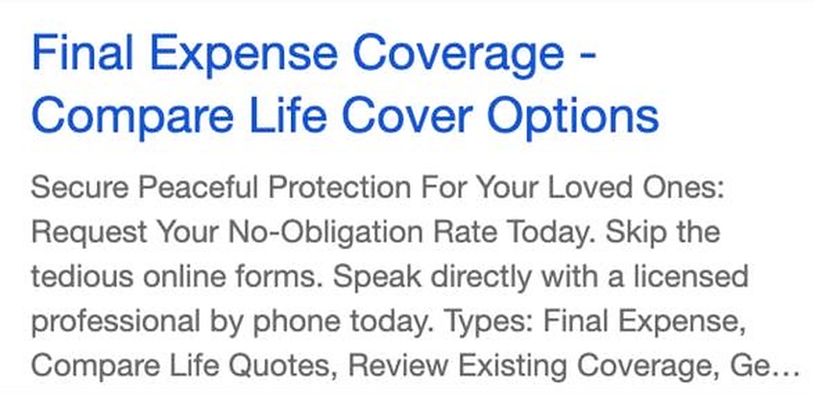 English search-result ad reading Final Expense Coverage - Compare Life Cover Options, inviting consumers to request a no-obligation rate and speak directly with a licensed professional.