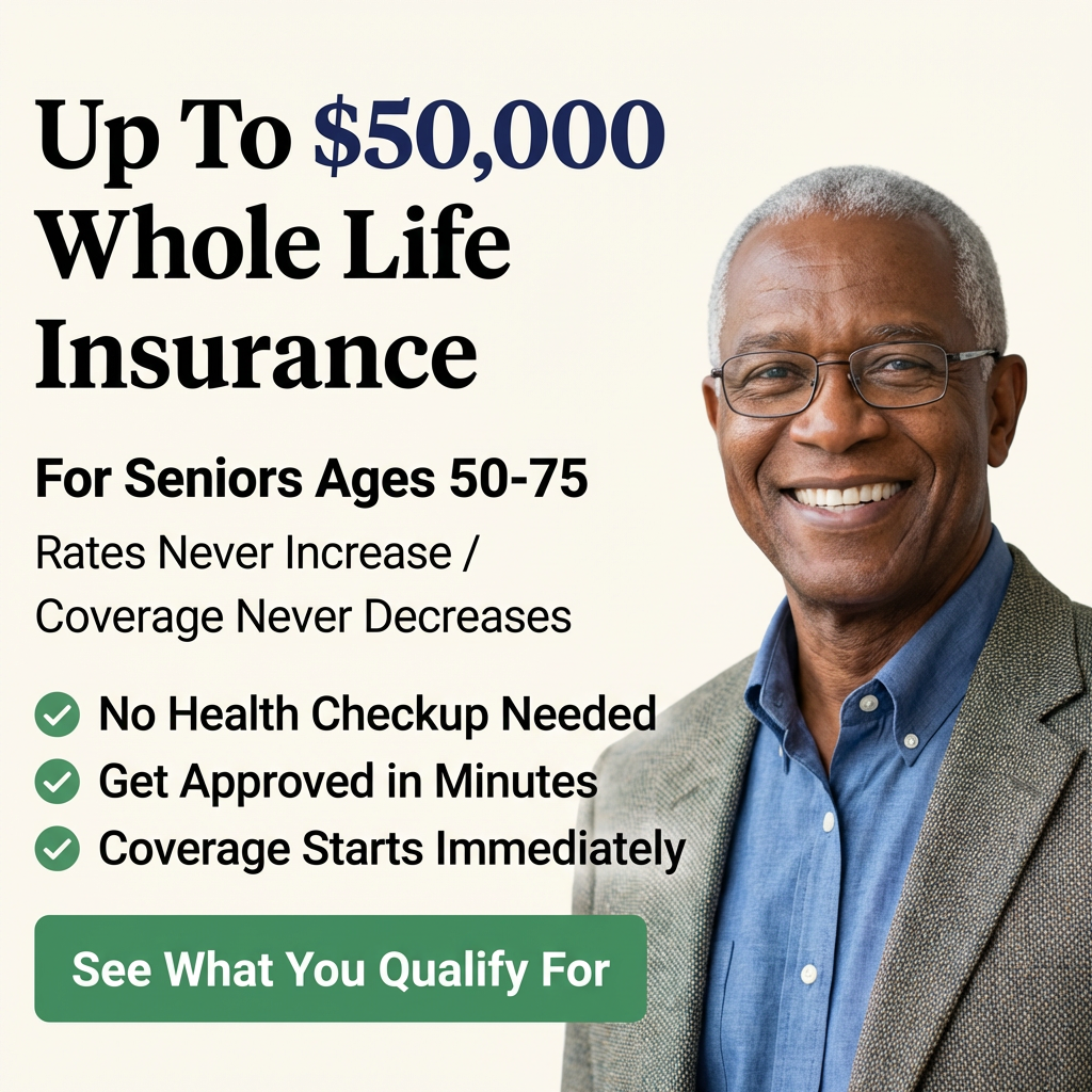 Final expense insurance ad creative featuring a smiling senior man with benefit bullet points and a See What You Qualify For button