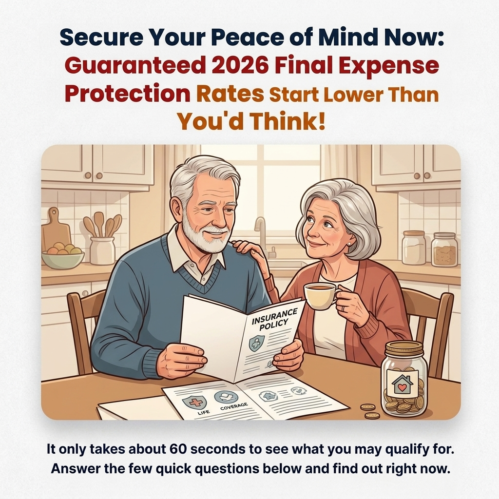 Final expense insurance ad creative showing a senior couple reviewing an insurance policy at their kitchen table