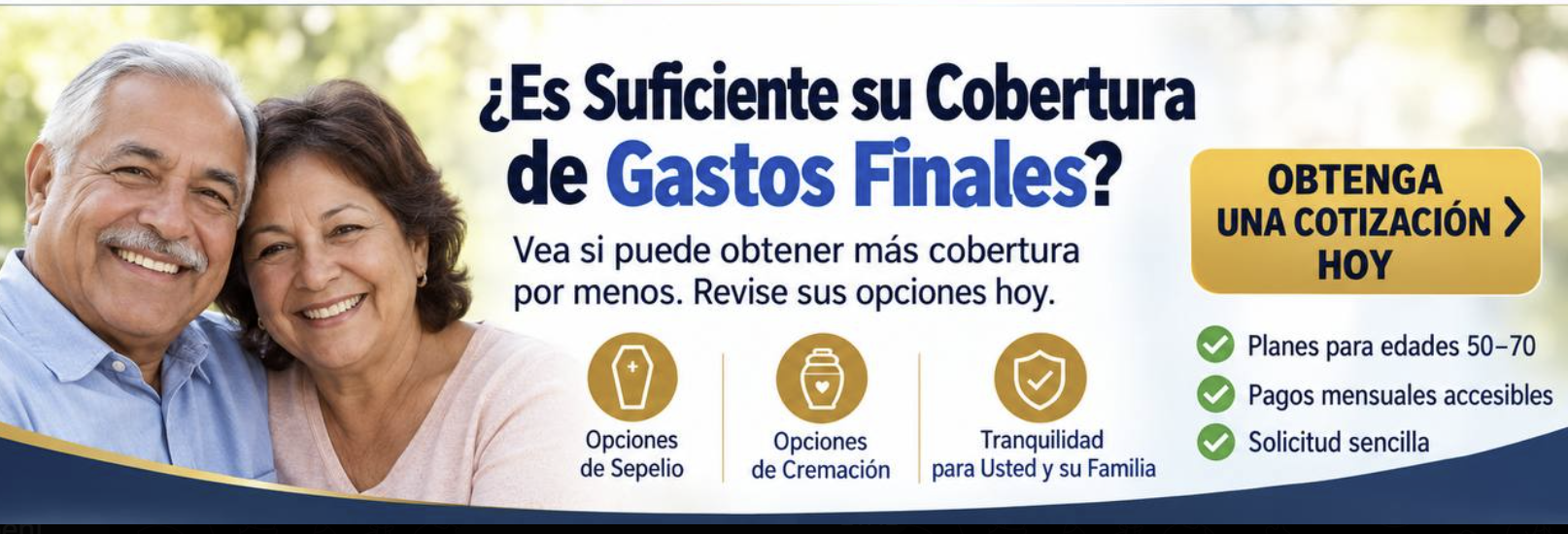 Final expense banner ad in Spanish asking if your final expense coverage is sufficient, with an Obtenga una Cotización Hoy button and a smiling senior couple