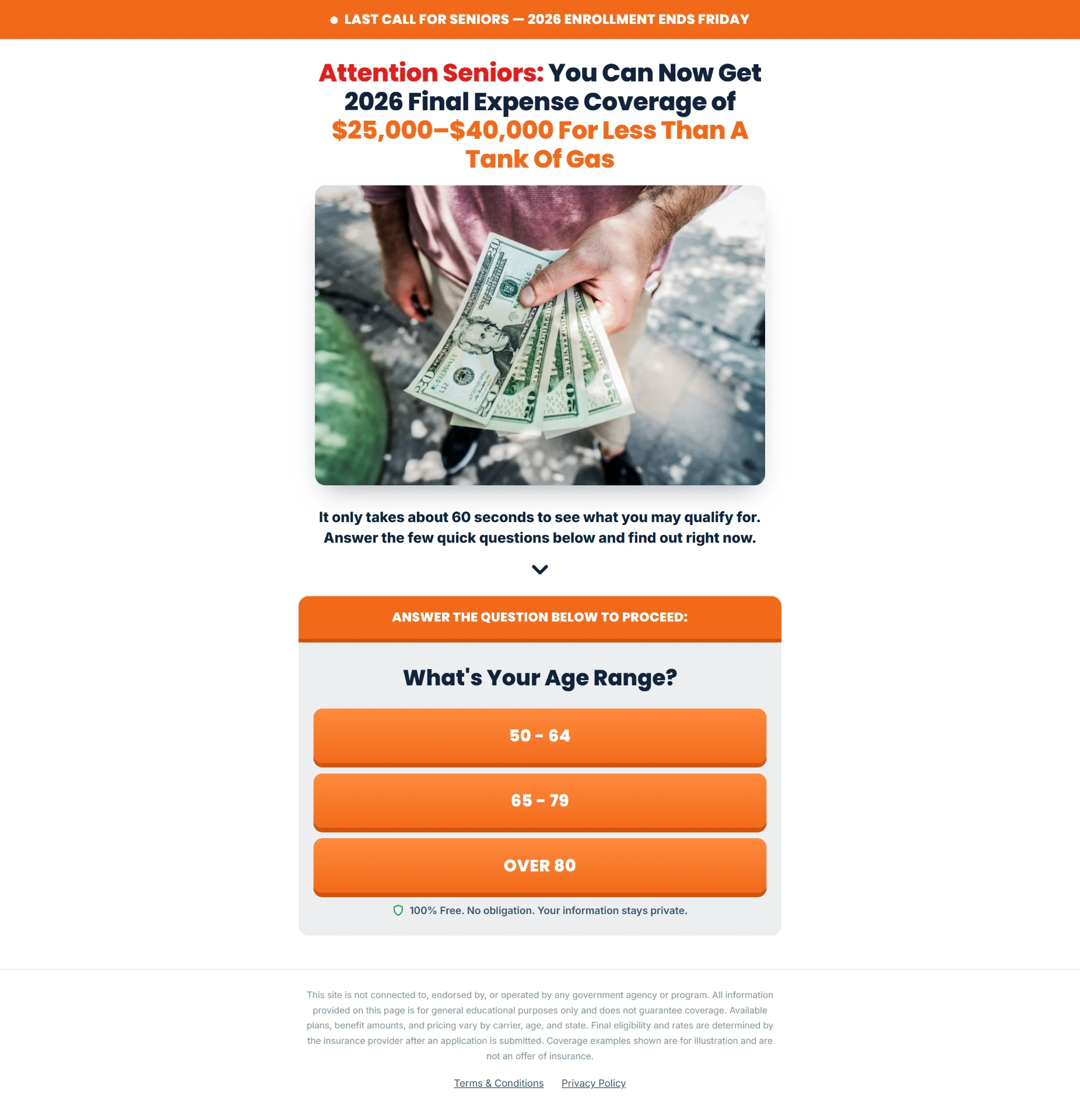 Desktop view of the final expense landing page with age range quiz questions and compliance disclaimers