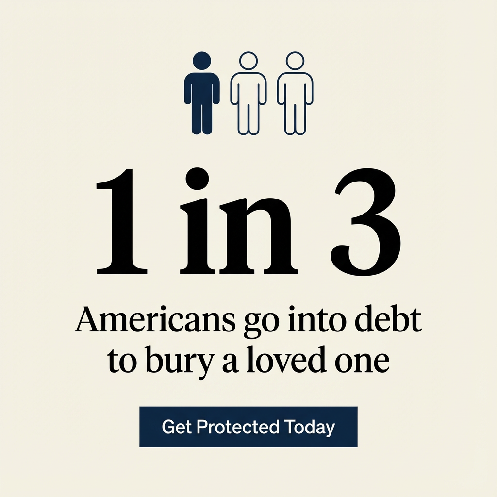 Final expense ad creative stating 1 in 3 Americans go into debt to bury a loved one with a Get Protected Today button