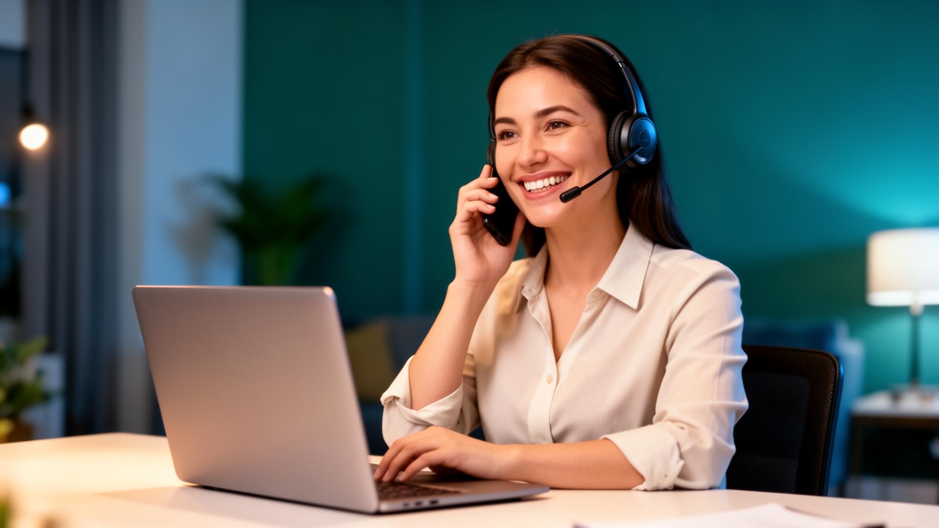 An agent handling a live phone conversation at her desk