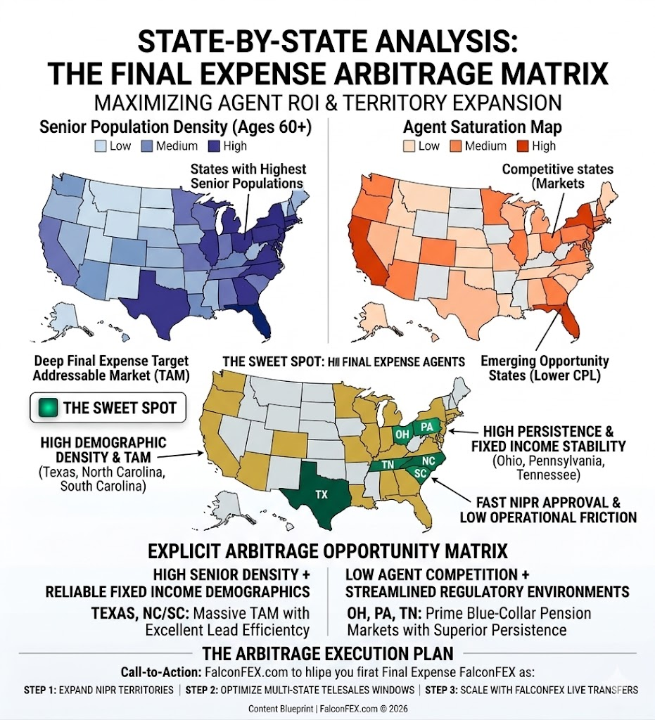State-by-state final expense arbitrage matrix comparing senior population density (60+) versus insurance agent saturation across the U.S., highlighting Texas, North Carolina, South Carolina, Ohio, Pennsylvania, and Tennessee as the sweet-spot states for final expense agents.