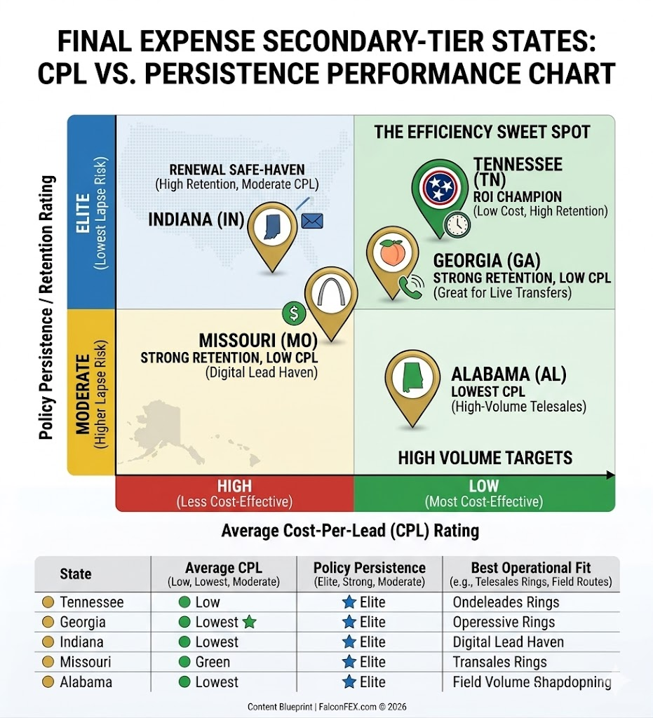Final expense secondary-tier states CPL vs. policy persistence chart — Tennessee, Georgia, Indiana, Missouri, and Alabama plotted by average cost-per-lead and retention rating, with Tennessee and Georgia identified as the efficiency sweet spot for final expense agents.