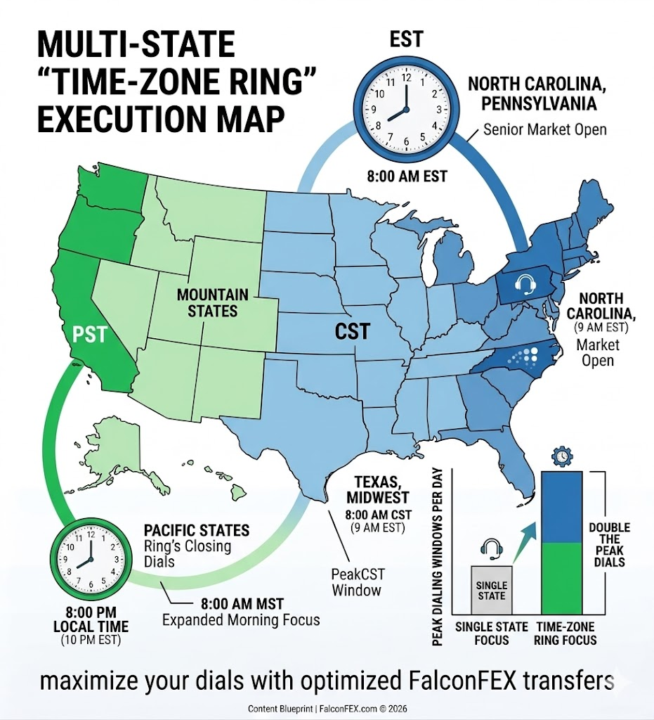 Multi-state time-zone ring execution map for final expense telesales agents — showing how dialing North Carolina and Pennsylvania at 8:00 AM EST, rolling into Texas and Midwest CST states by midday, and finishing in Mountain and Pacific states by 8:00 PM local time doubles peak dialing windows per day.