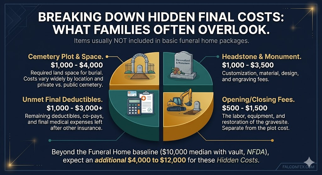 Infographic breaking down hidden final expense costs families often overlook: cemetery plot ($1,000–$4,000), headstone and monument ($1,000–$3,500), unmet final medical deductibles ($1,000–$3,000+), and grave opening and closing fees ($500–$1,500).