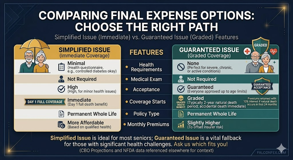 Side-by-side comparison infographic of Simplified Issue (immediate coverage) vs. Guaranteed Issue (graded coverage) final expense life insurance plans, comparing health requirements, medical exam, acceptance, coverage start date, policy type, and monthly premiums.